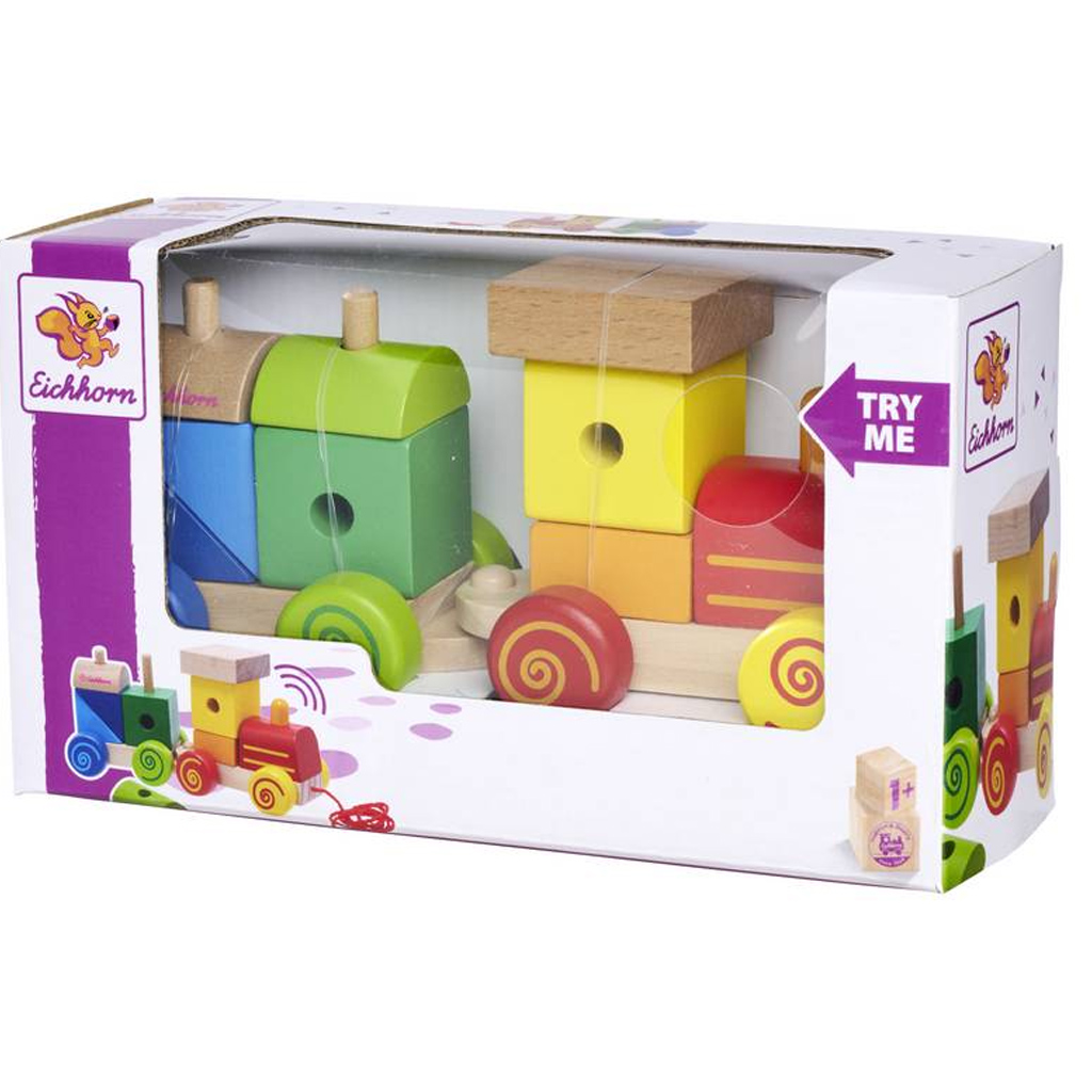 Ziehbare bunte Holzeisenbahn mit Bausteinen - Eichhorn