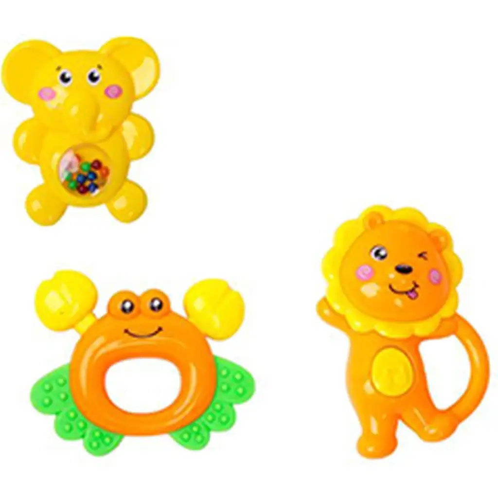 Tierspielzeug-Rassel und Beißring 3er-Set