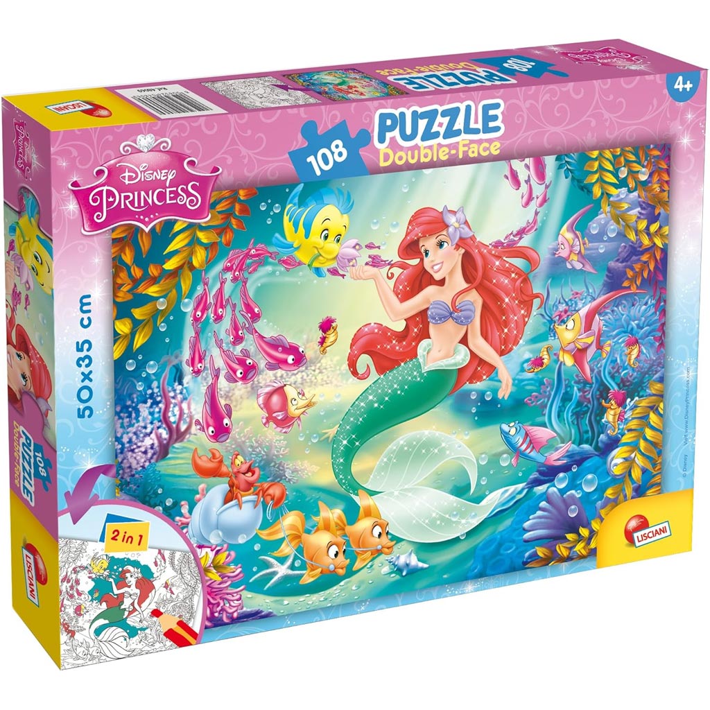 Ariel, die kleine Meerjungfrau 2-in-1 Puzzle und Malbuch mit 108 Teilen, 50x35 cm – Lisciani
