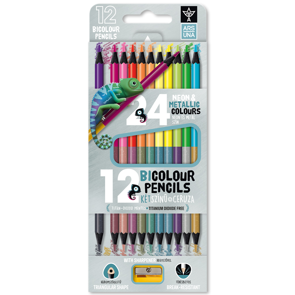 Ars Una: 12/24 Stück Neon-Metallic Bicolor, dreieckiges Farbstiftset mit Spitzer