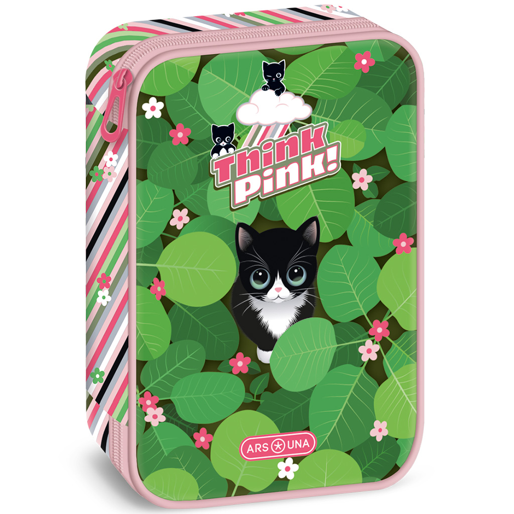 Ars Una: Think Pink mehrstöckiges Federmäppchen mit Katze, 15,5×22,5×4,5 cm