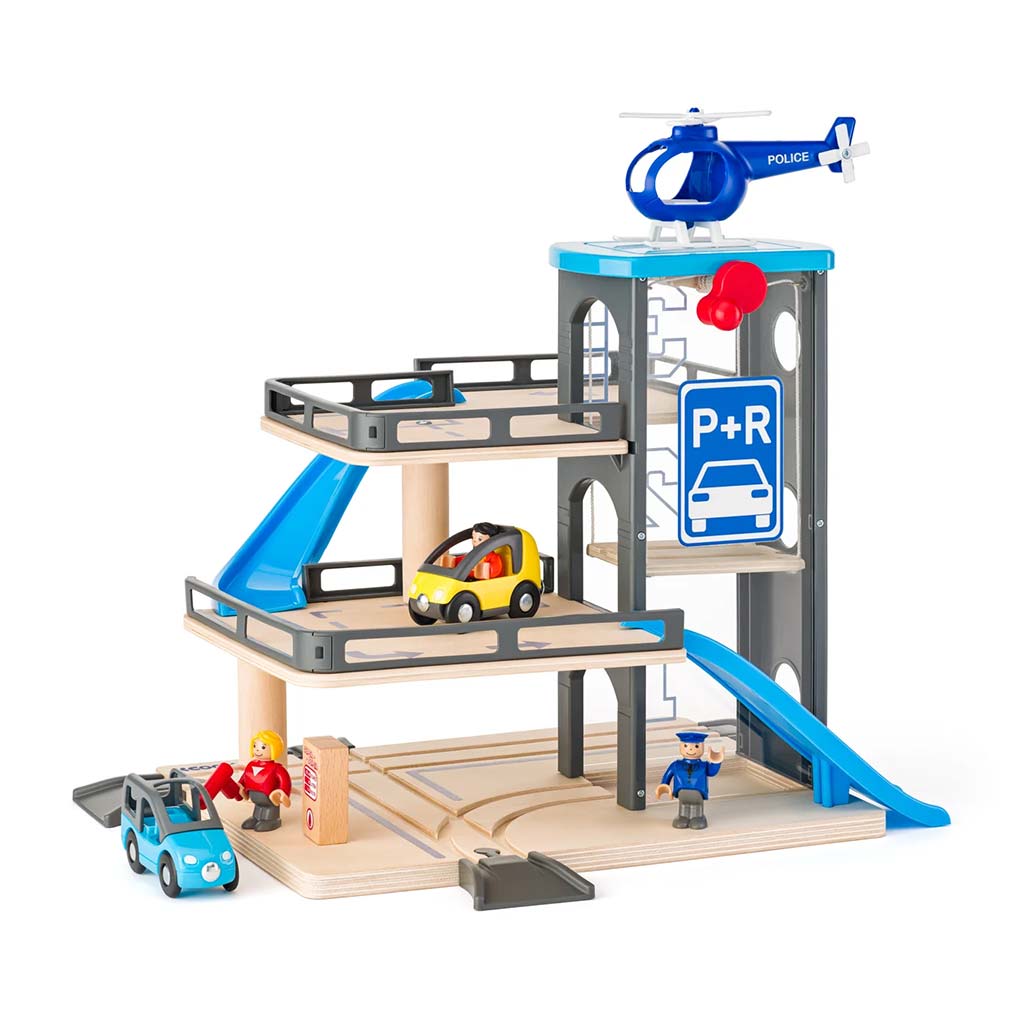 Zweistöckiges Garagenspielset aus Holz mit Fahrzeugen – Woodyland