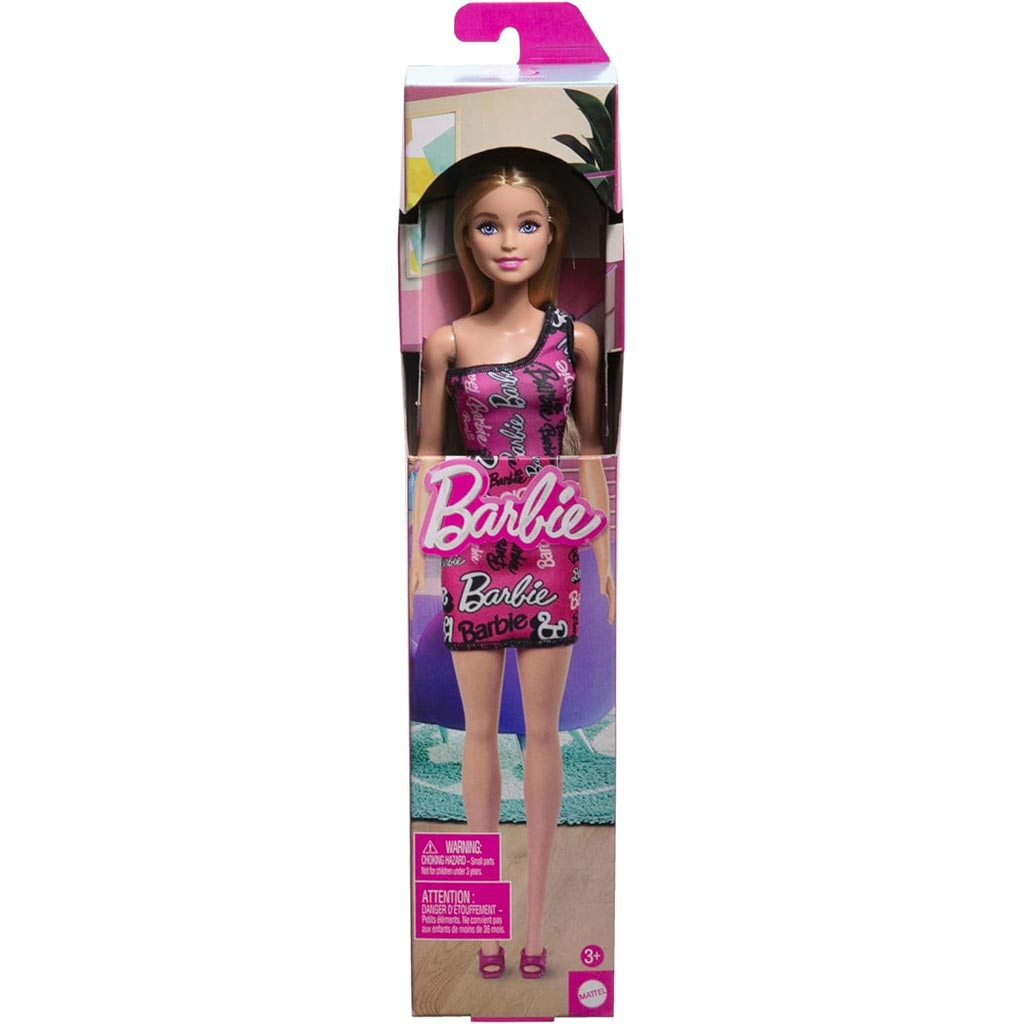 Barbie Chic blonde Modepuppe in einem rosa, mit Barbie beschrifteten Kleid - Mattel