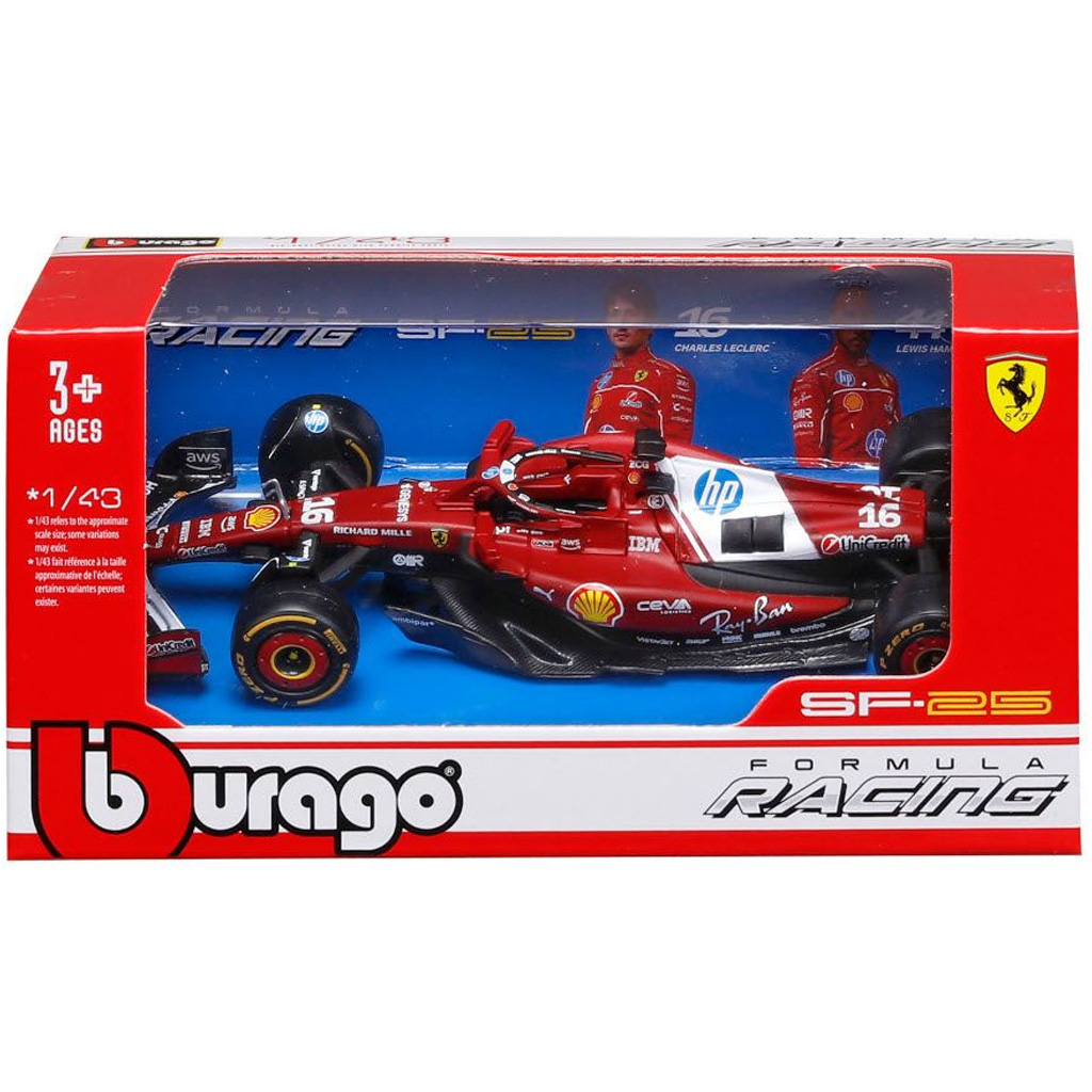 Bburago: Ferrari SF-25 F1-Rennwagen Metall-Modellauto 1:43 (Charles Leclerc Nr. 16)