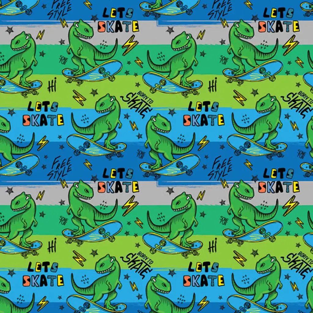 Geschenkpapier mit Skateboard fahrendem T-Rex, 100x70 cm