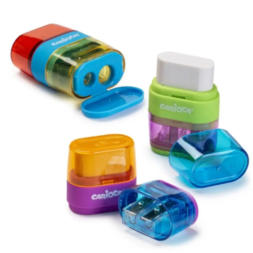 Anspitzer mit 2 Löchern und Radiergummi in verschiedenen Farben - Carioca