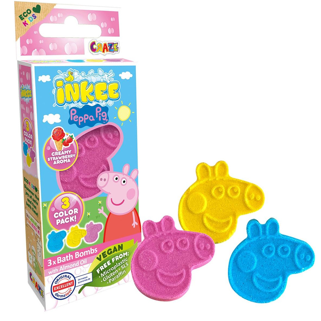 Craze Inkee: Vegane Badebombe – Peppa Wutz mit Erdbeerduft, 3er-Pack