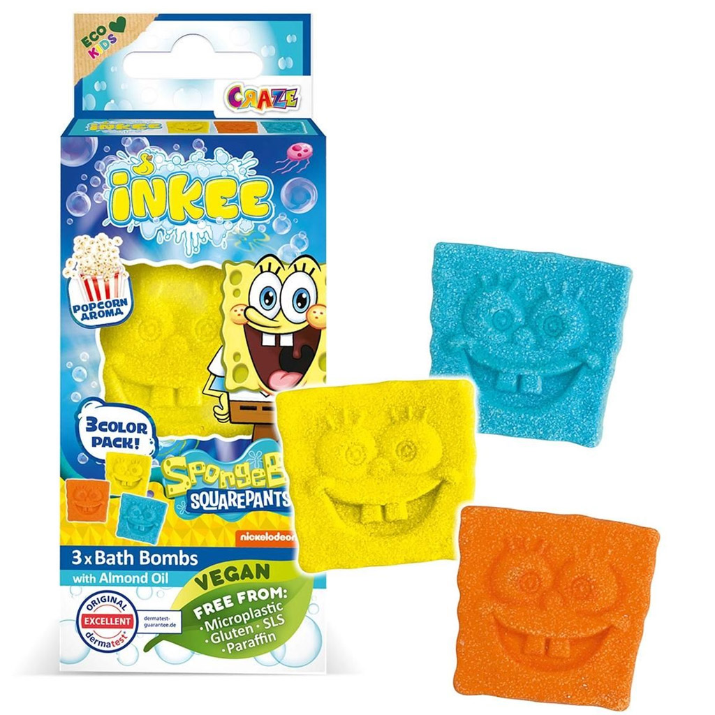 Craze Inkee: Vegane Badebombe in Form – SpongeBob mit Popcorn-Duft, 3er-Pack