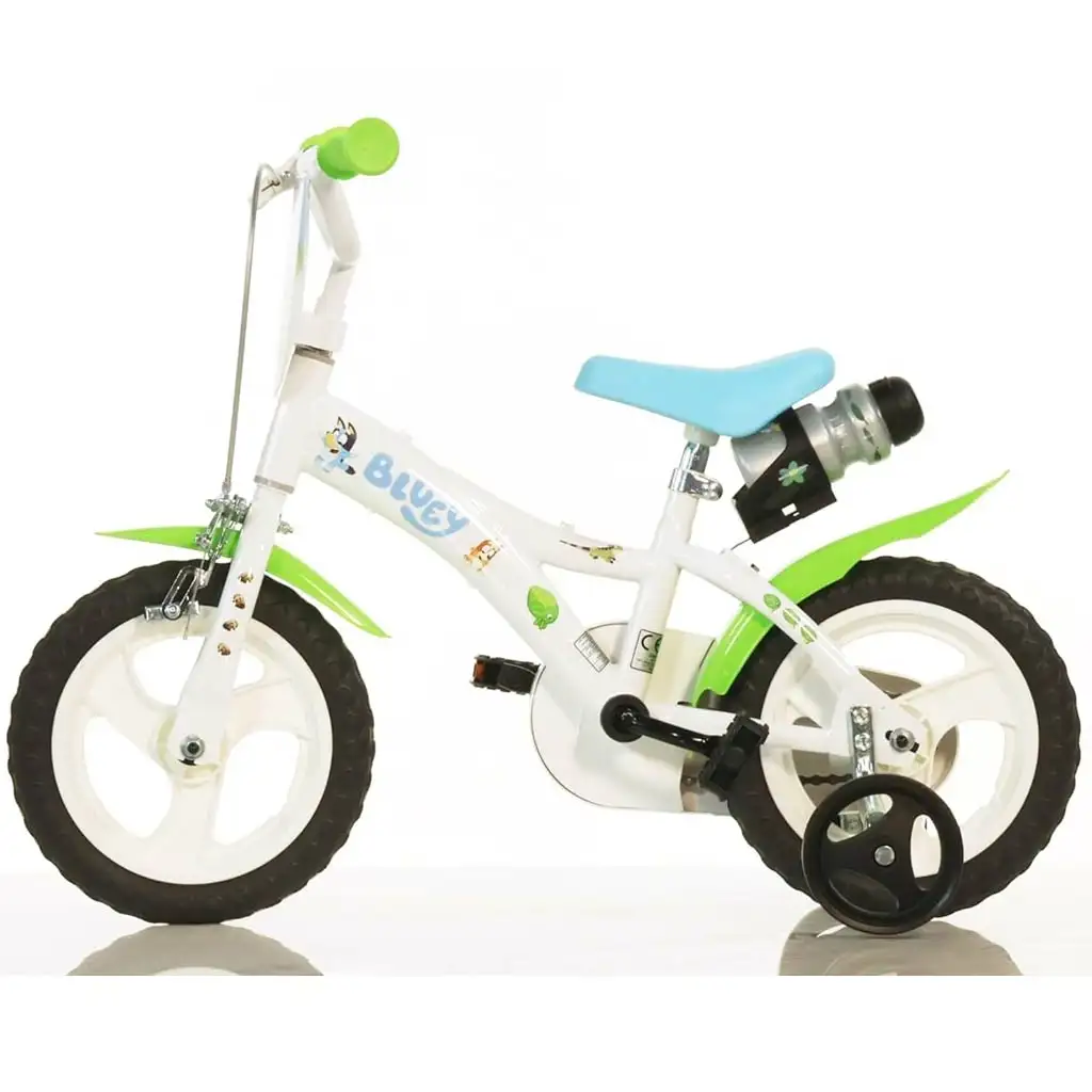 Bluey 12" Kinderfahrrad mit Flaschenhalter und Stützrädern in Weiß-Blau-Grün – Dino Bikes Fahrrad kép 2