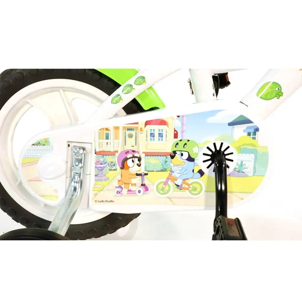 Bluey 12" Kinderfahrrad mit Flaschenhalter und Stützrädern in Weiß-Blau-Grün – Dino Bikes Fahrrad kép 4