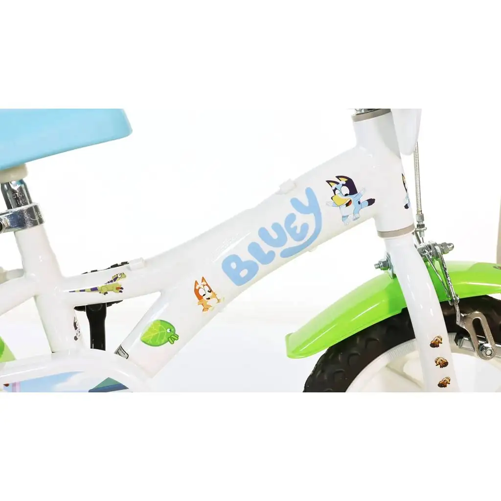 Bluey 12" Kinderfahrrad mit Flaschenhalter und Stützrädern in Weiß-Blau-Grün – Dino Bikes Fahrrad kép 5