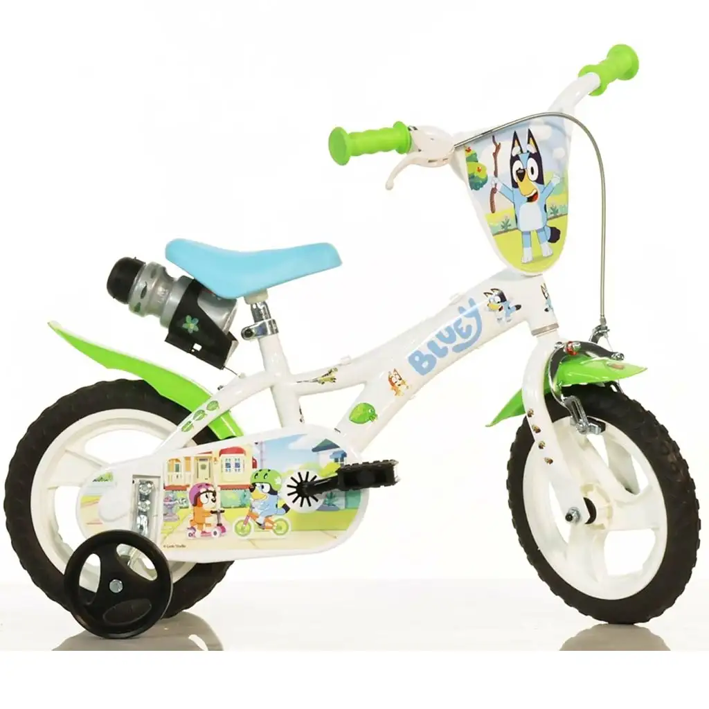 Bluey 12" Kinderfahrrad mit Flaschenhalter und Stützrädern in Weiß-Blau-Grün – Dino Bikes Fahrrad