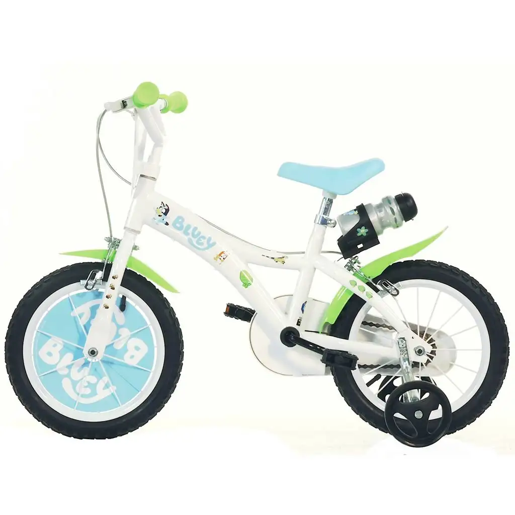 Bluey 14" Kinderfahrrad mit Flaschenhalter und Stützrädern in Weiß-Blau-Grün – Dino Bikes Fahrrad kép 2