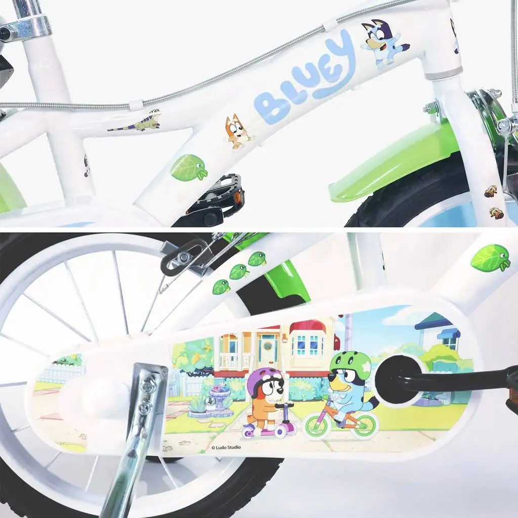 Bluey 14" Kinderfahrrad mit Flaschenhalter und Stützrädern in Weiß-Blau-Grün – Dino Bikes Fahrrad kép 3
