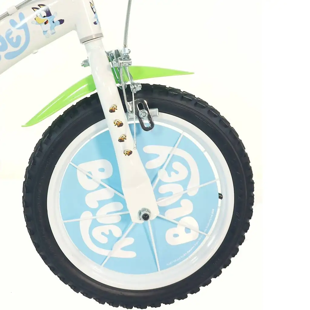 Bluey 14" Kinderfahrrad mit Flaschenhalter und Stützrädern in Weiß-Blau-Grün – Dino Bikes Fahrrad kép 4