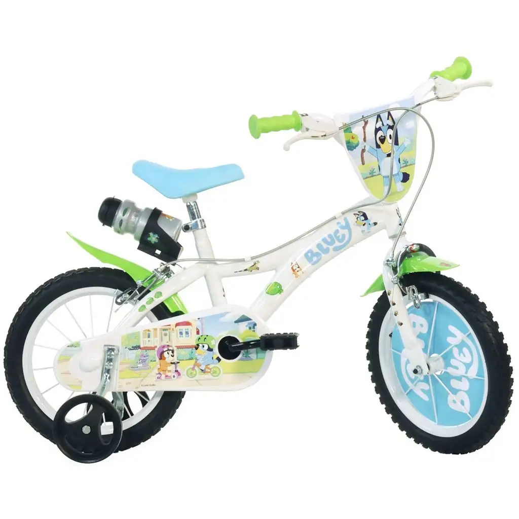 Bluey 14" Kinderfahrrad mit Flaschenhalter und Stützrädern in Weiß-Blau-Grün – Dino Bikes Fahrrad