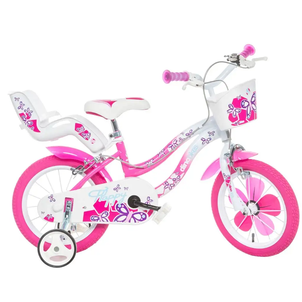 Flappy 14” Kinderfahrrad mit Korb und Puppensitz in Rosa-Weiß – Dino Bikes Fahrrad