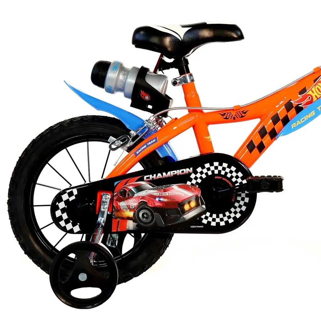 Hot Wheels 16" Kinderfahrrad mit Flaschenhalter und Stützrädern in orange-schwarz – Dino Bikes Fahrrad kép 2