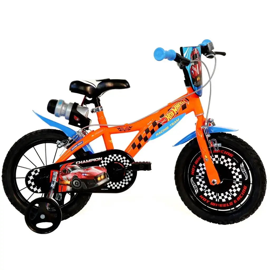 Hot Wheels 16" Kinderfahrrad mit Flaschenhalter und Stützrädern in orange-schwarz – Dino Bikes Fahrrad