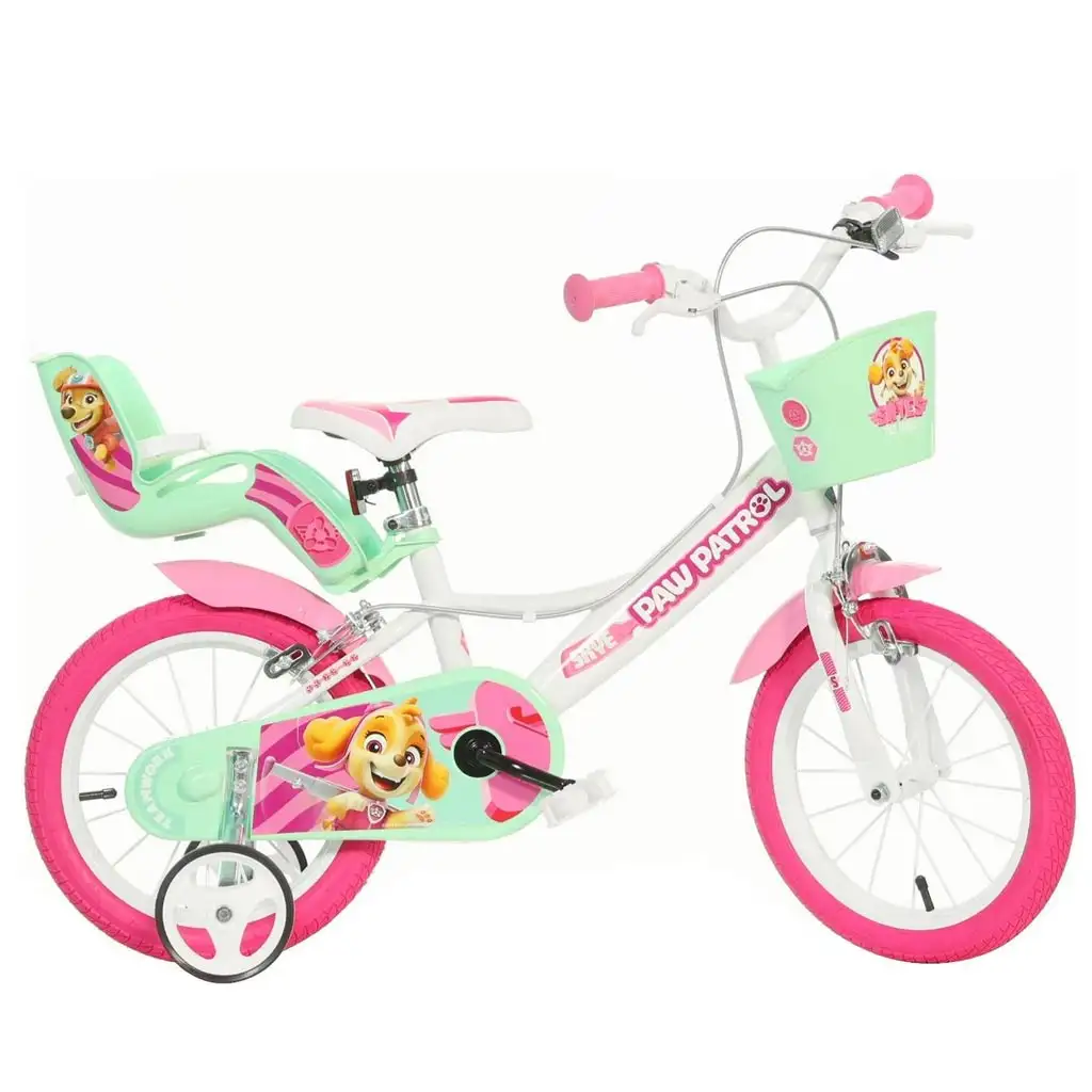 Paw Patrol Skye 14" Kinderfahrrad mit Korb und Puppensitz in Rosa-Mintgrün – Dino Bikes Fahrrad