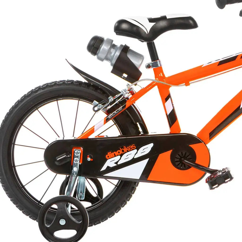 R88 16” Kinderfahrrad mit Flaschenhalter und Stützrädern in orange-schwarz – Dino Bikes Fahrrad kép 2