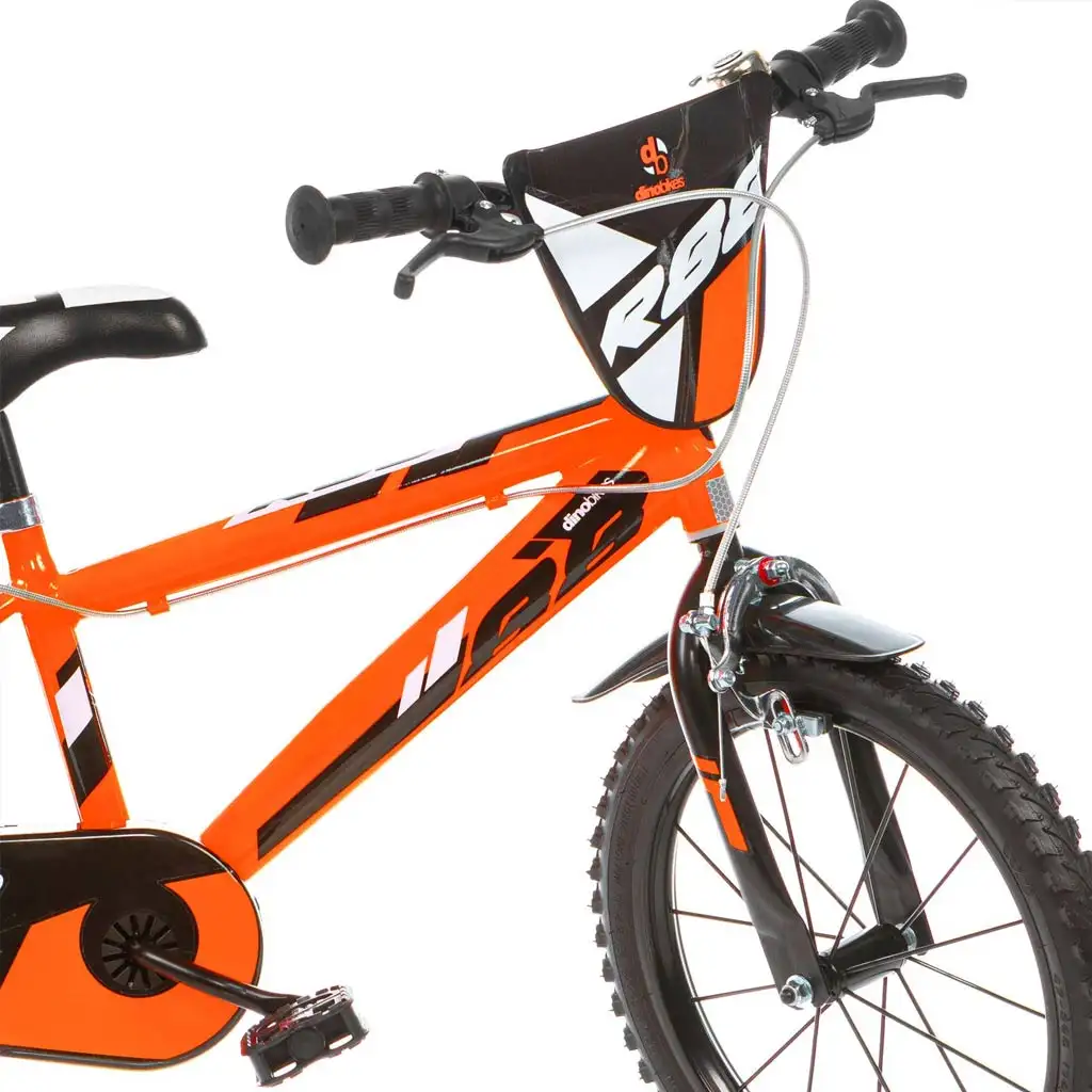 R88 16” Kinderfahrrad mit Flaschenhalter und Stützrädern in orange-schwarz – Dino Bikes Fahrrad kép 3