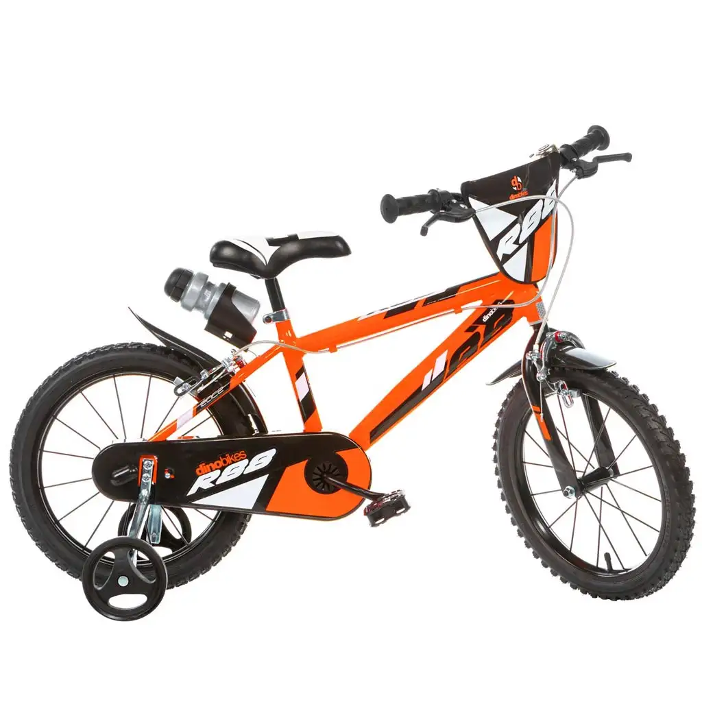 R88 16” Kinderfahrrad mit Flaschenhalter und Stützrädern in orange-schwarz – Dino Bikes Fahrrad
