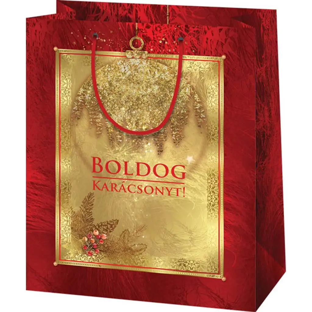 Boldog Karácsonyt feliratos, arany-piros színű nagy méretű exkluzív ajándéktáska 27x14x33cm kép 1