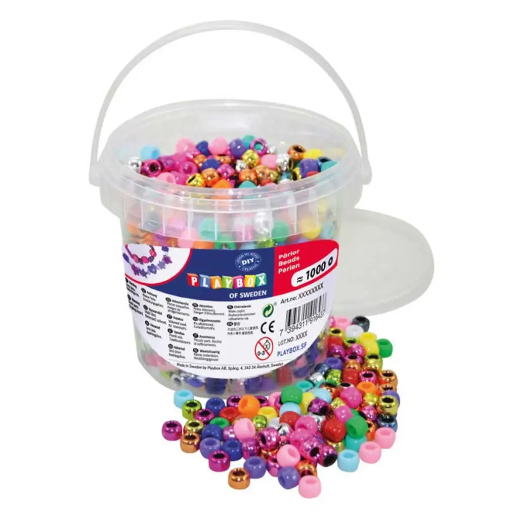 PlayBox: Kunststoff fädelbare Metallfarbene Perlen im Eimer 1000 Stück