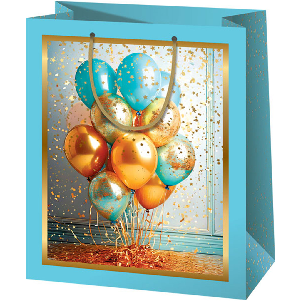 Cardex: Exklusive mittelgroße Geschenktasche mit blauen und goldenen Luftballons, 18x10x23 cm