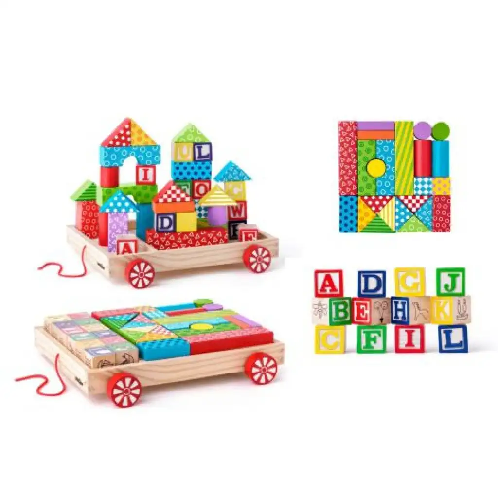 Holz-ABC-Zugwagen mit Bausteinen und Buchstabenwürfeln kép 2