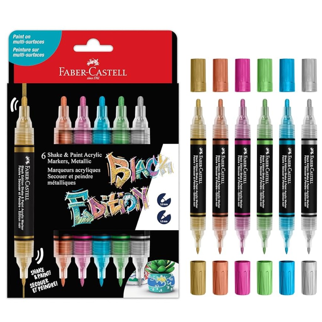 Faber-Castell: Black Edition Shake & Paint doppelseitiges Metallic-Marker-Set, 6 Stück, 3 mm und 1 mm, farbig kép 1