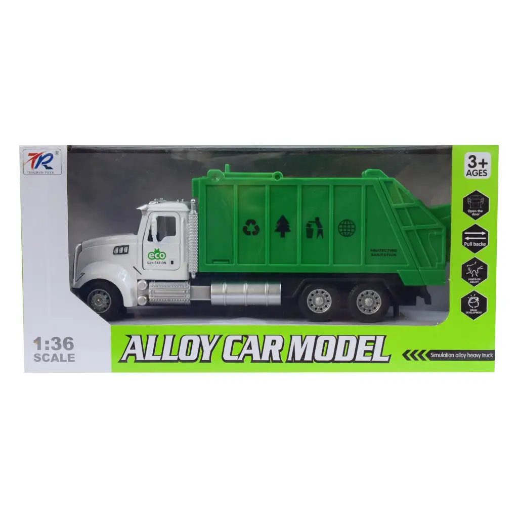 Heavy Duty Truck: Schwerlast-LKW-Modell mit Rückziehmotor, Metall, selektiver Müllsammler, mit öffnenden Türen und Mülltonne, Maßstab 1/36 kép 2