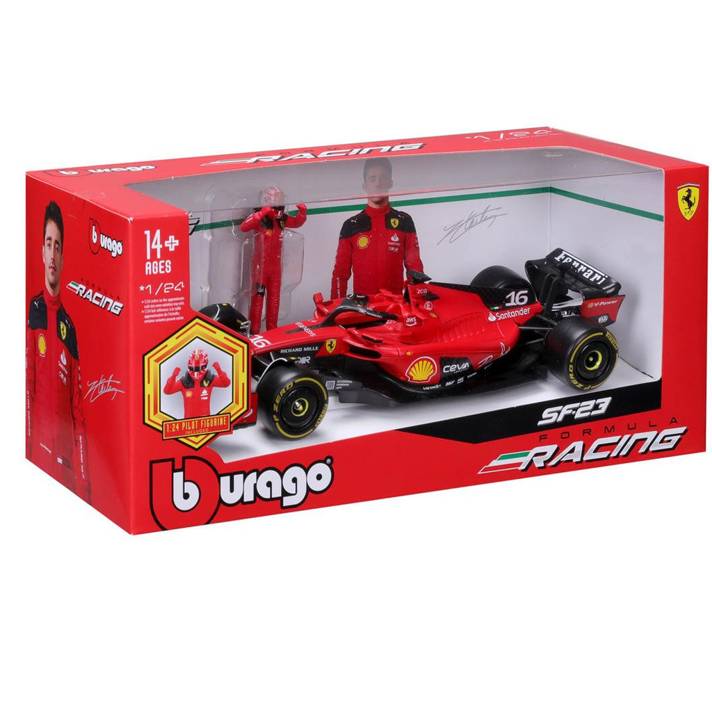 Bburago: Ferrari SF23 F1 Rennwagen Metallmodell mit Fahrer 1/24 (Charles Leclerc #16)
