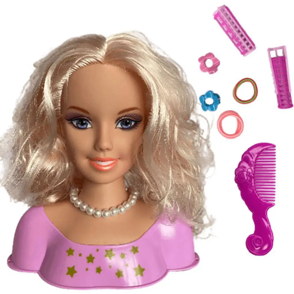 Kämmbarer blonder Langhaarpuppenkopf mit Perlenkette und Zubehör. kép 2