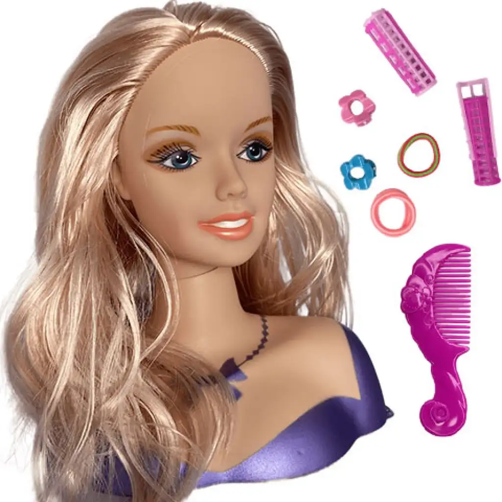 Kämmbarer Puppenkopf mit blonden Haaren, Lockenwicklern und Zubehör kép 2