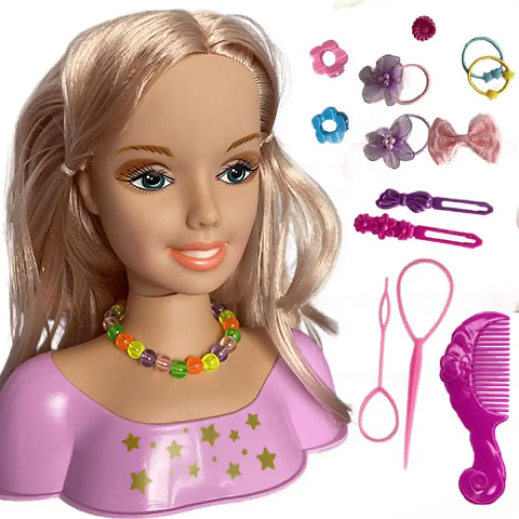 Kämmbarer Puppenkopf mit blonden Haaren, Schleifen und Zubehör. kép 2