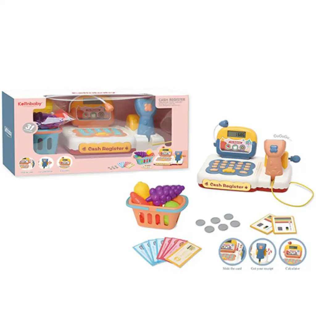 Elektronische Registrierkasse mit Barcodeleser, Bargeld und Zubehör.