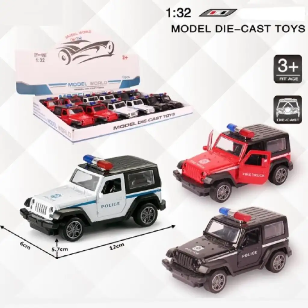 Jeep Wrangler rendőrségi hátrahúzható fém autómodell több változatban 1/32 kép 1