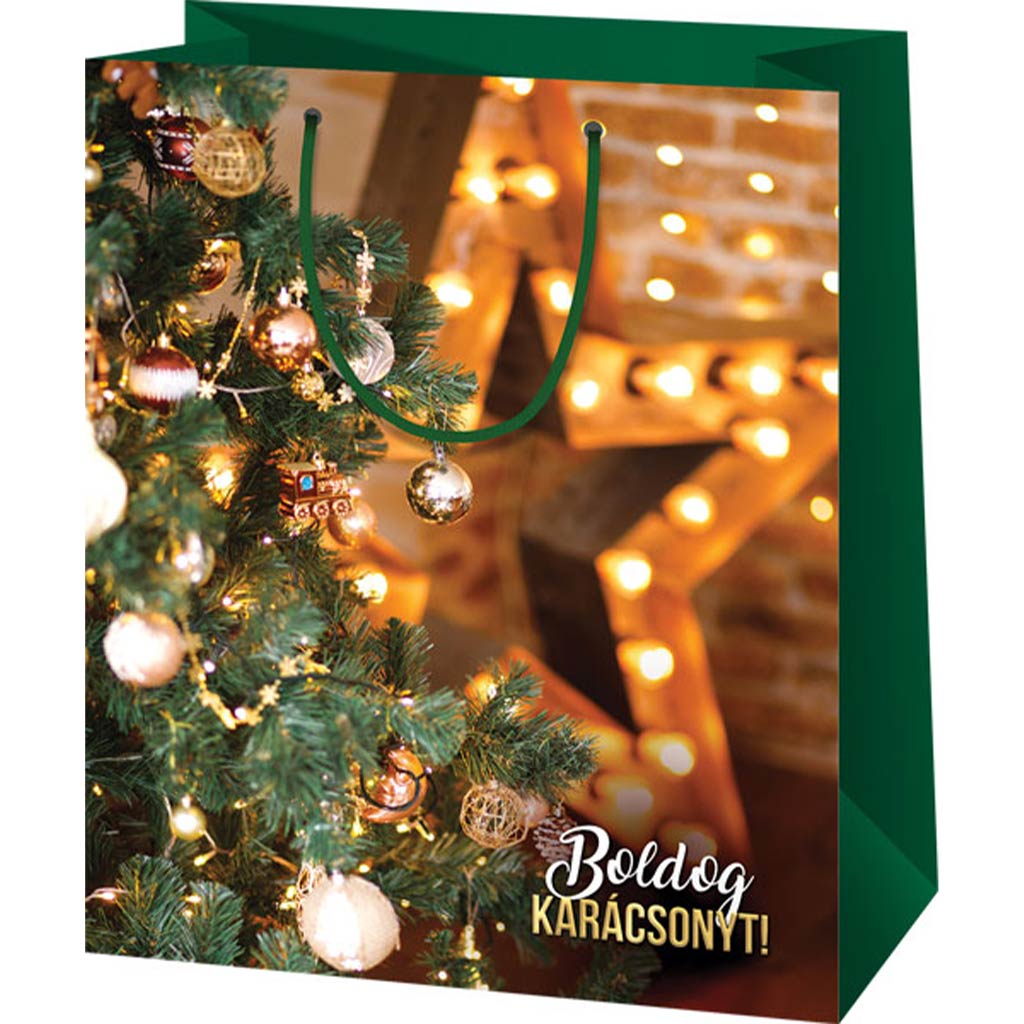 Boldog Karácsonyt díszített karácsonyfa mintás közepes ajándéktáska 18x10x23cm kép 1