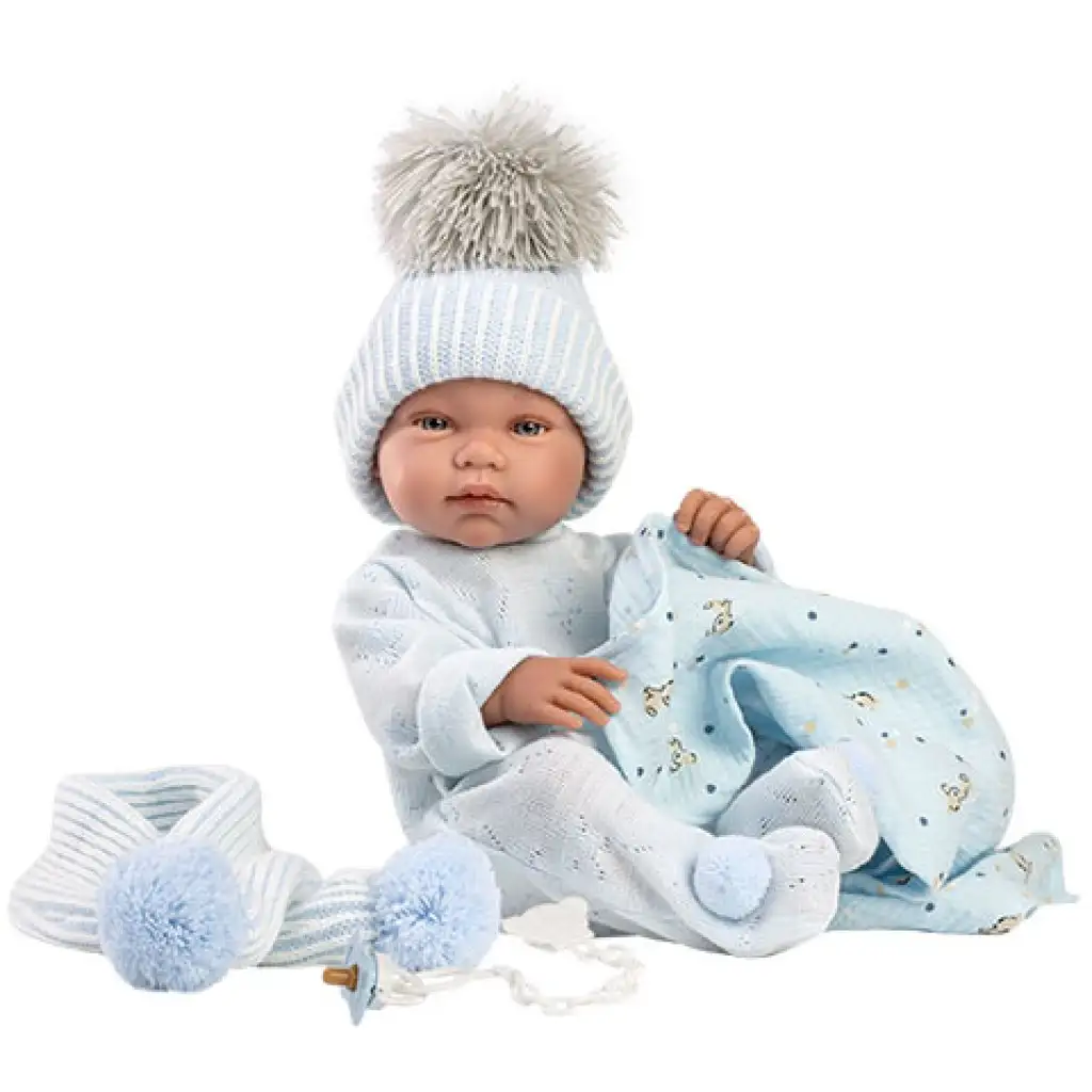 Llorens: Tino 43 cm großer neugeborener Junge mit blauer Babydecke, Schnuller und 3 verschiedenen Kleidungsstücken kép 2