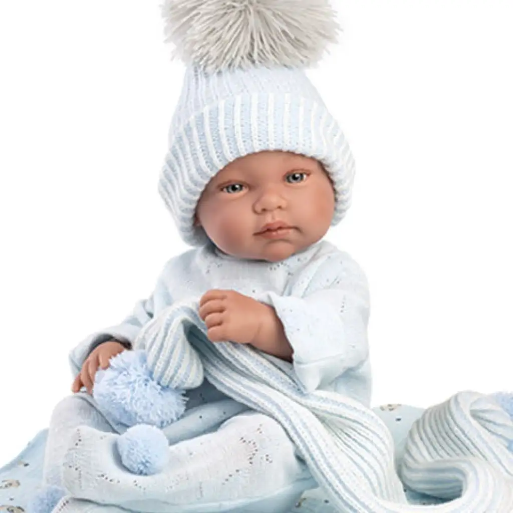 Llorens: Tino 43 cm großer neugeborener Junge mit blauer Babydecke, Schnuller und 3 verschiedenen Kleidungsstücken kép 3