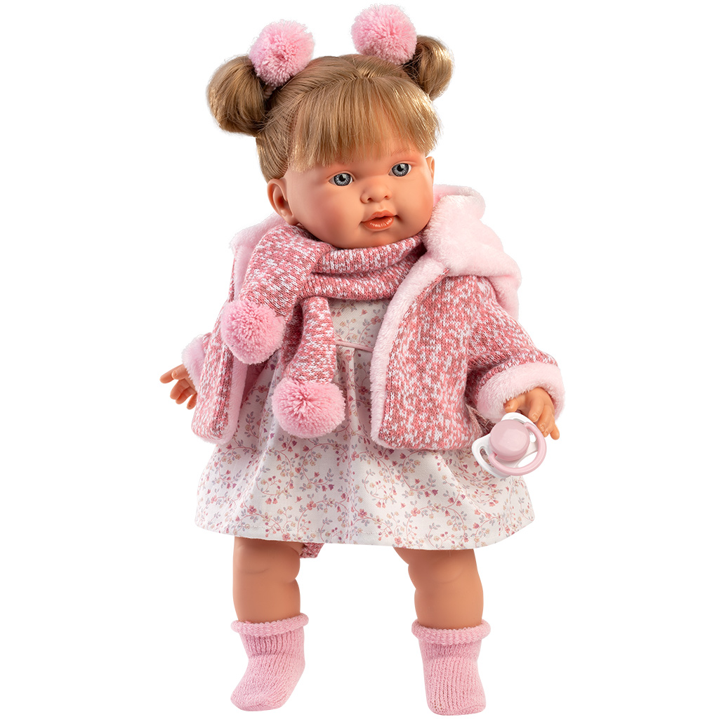 Llorens: Alexandra, 42 cm große weinende Puppe mit Schnuller im rosafarbenen Mantel.
