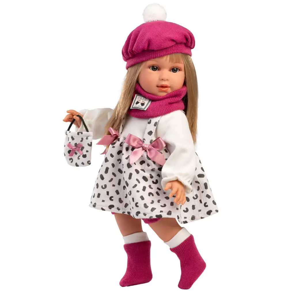 Llorens: 40 cm große Carla Puppe mit rosa Mütze und modischer Handtasche kép 2