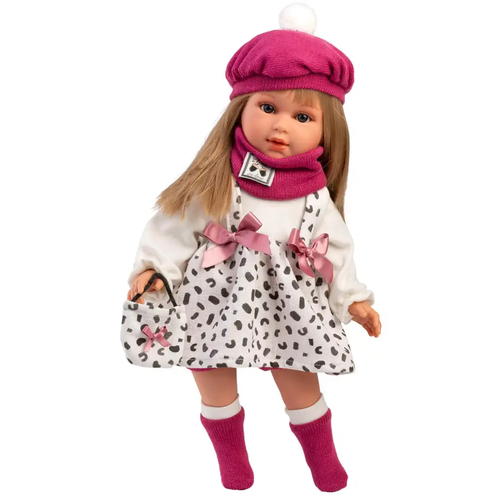 Llorens: 40 cm große Carla Puppe mit rosa Mütze und modischer Handtasche kép 3