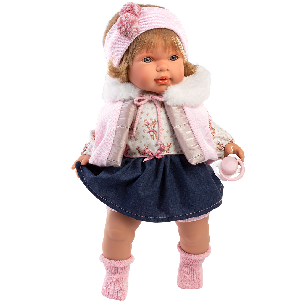 Llorens: Carla, 42 cm große weinende Puppe mit Schnuller in blauem Rock. kép 2