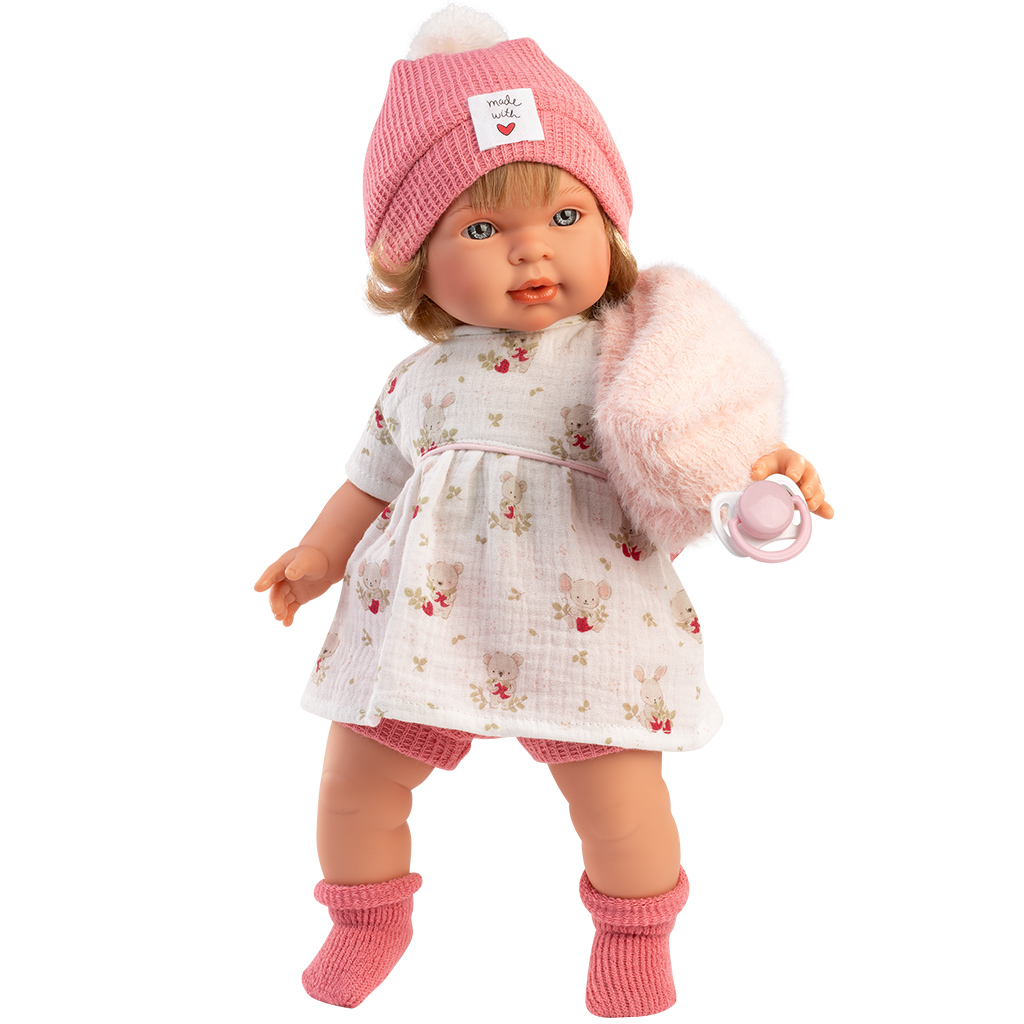 Llorens: Carla, 42 cm große weinende Puppe mit Schnuller und Mütze mit Herzchen. kép 2