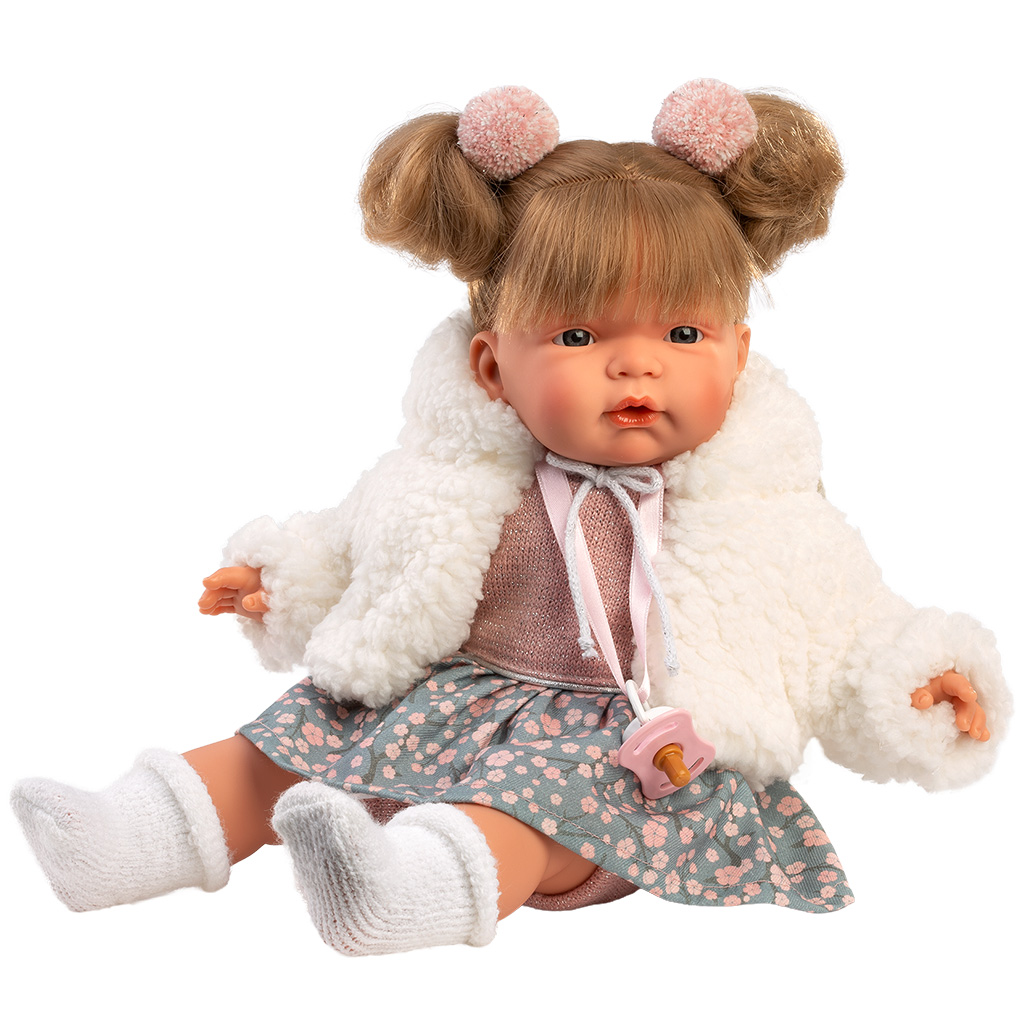 Llorens: Joelle, 38 cm große weinende Puppe mit Schnuller im weißen Mantel. kép 3