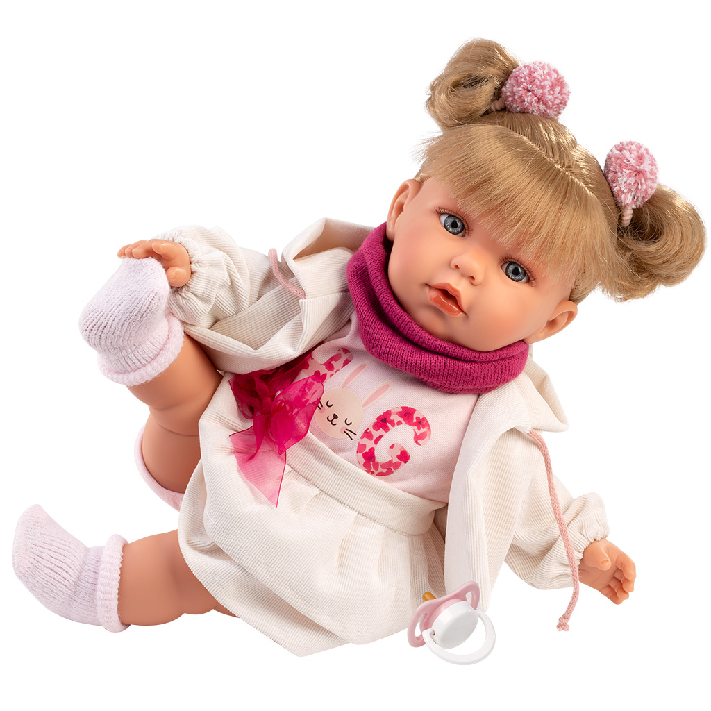 Llorens: Júlia, 42 cm große weinende Puppe mit Schnuller in einem Rock mit Schleife. kép 3