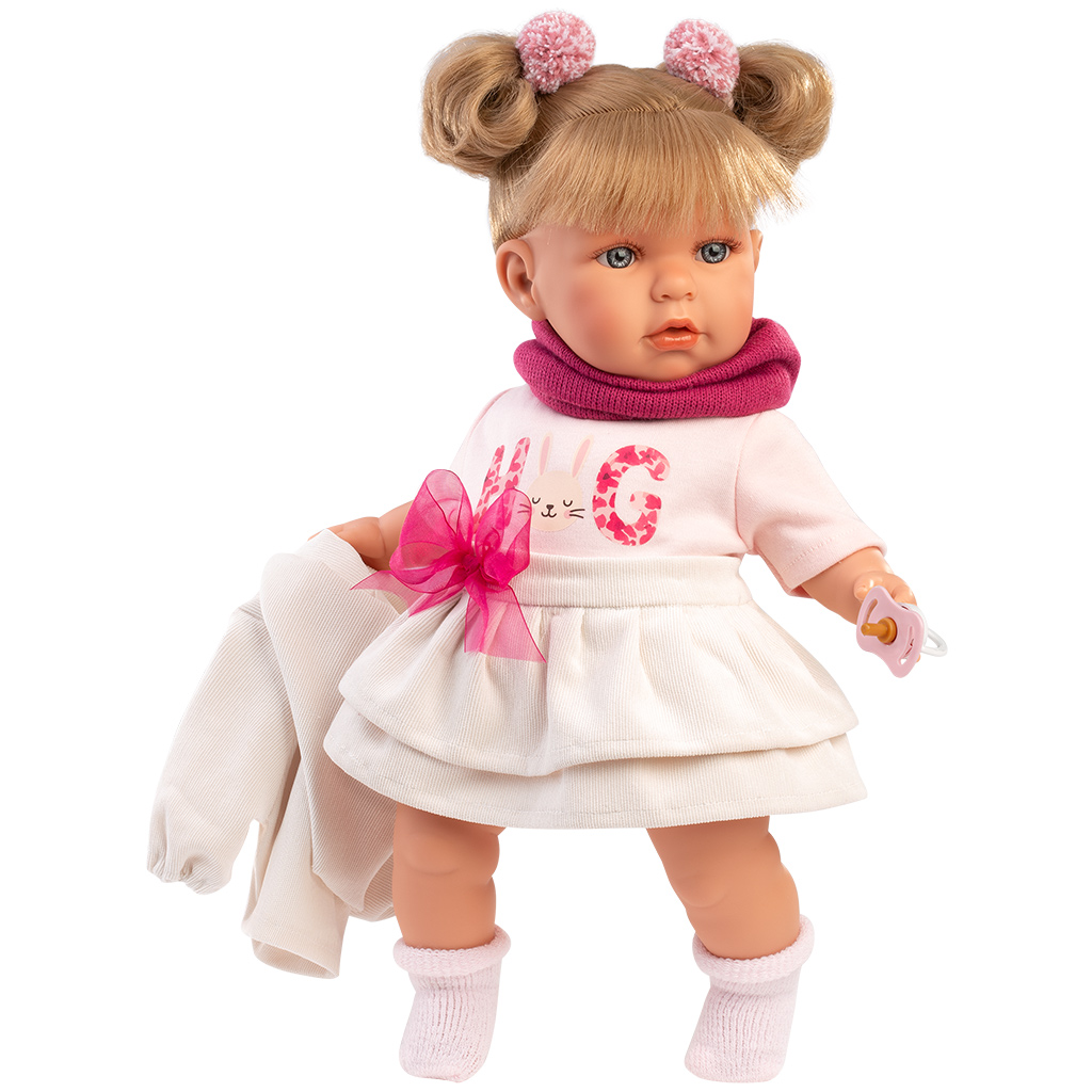 Llorens: Júlia, 42 cm große weinende Puppe mit Schnuller in einem Rock mit Schleife.